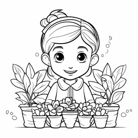 Coloring Page Outline Of a Girl with Flowers in Pots