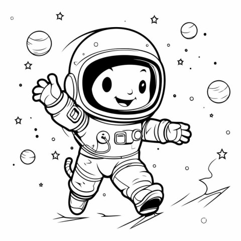 Cartoon astronaut running in space. Black and white vector illus