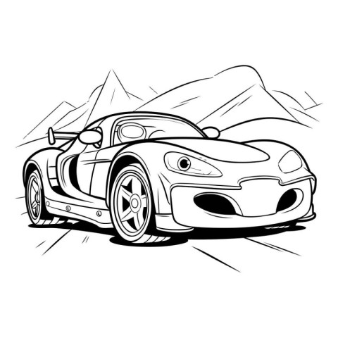 Black and white sketch of a sports car on a background of mounta