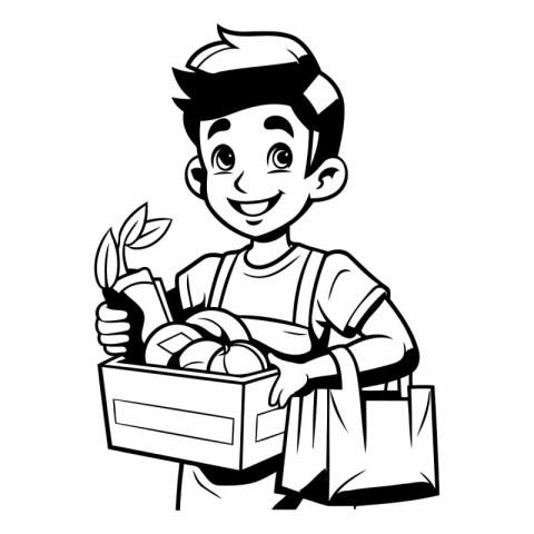 Cute boy holding a box with vegetables. Black and white vector i