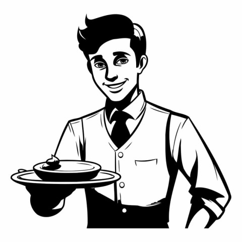 Waiter with a tray of food. Vector illustration in black and whi