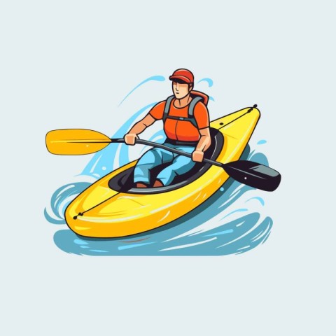 Man in a kayak on a blue background. Vector illustration.