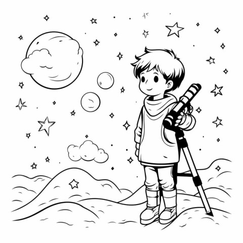 Boy with telescope and moon. Vector illustration. Coloring book