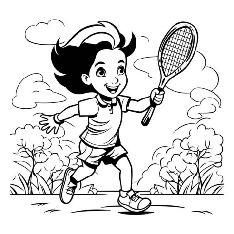 Little Boy Playing Tennis - Black and White Cartoon Illustration