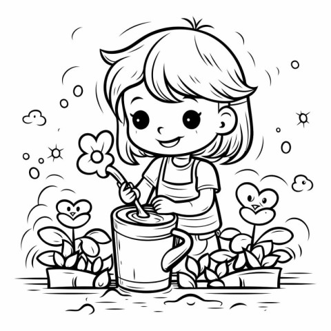 Little girl watering flowers. Coloring book for children. Vector