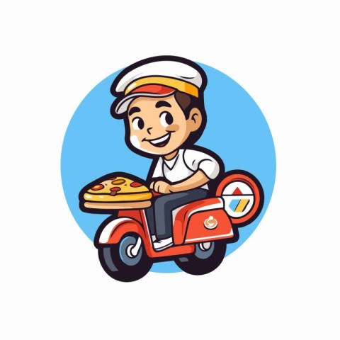 Cute cartoon boy riding a motorbike with pizza. Vector illustrat