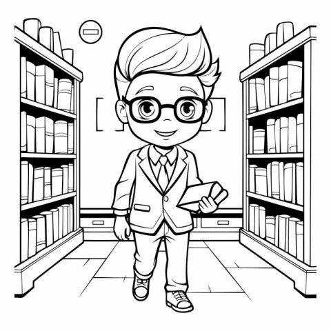 Boy with glasses standing in library and holding book. Vector il