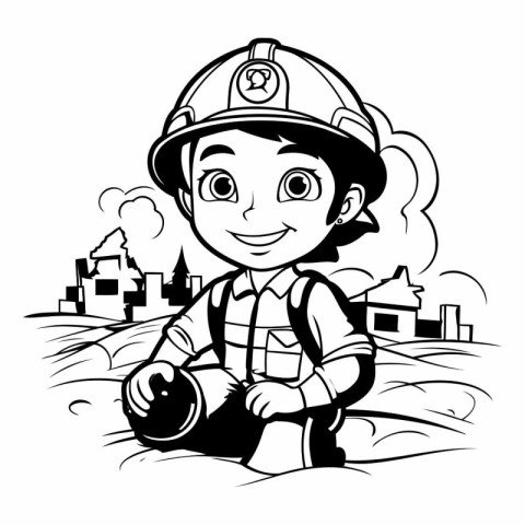 Black and White Cartoon Illustration of Boy firefighter or firem