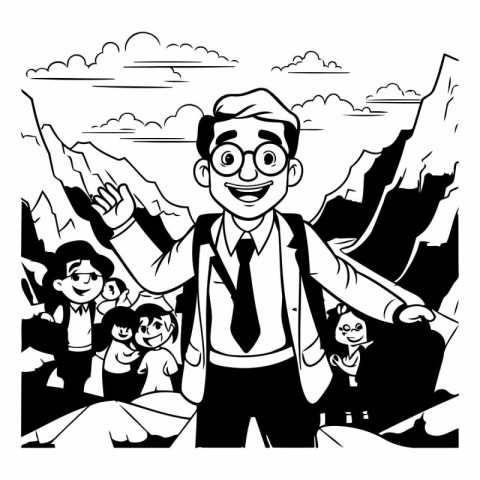 Businessman cartoon in the mountain scenery background black and