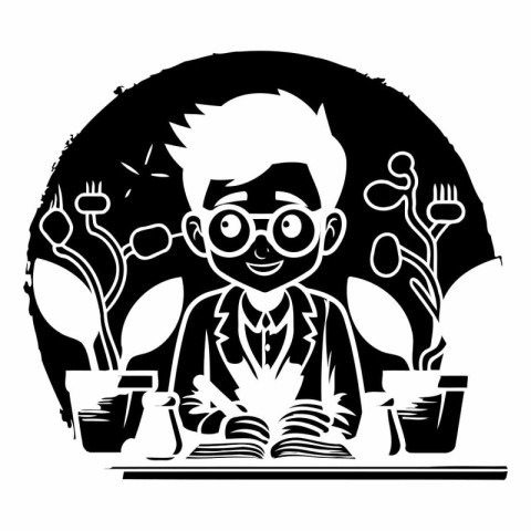 Man reading a book in a cafe. Black and white vector illustratio