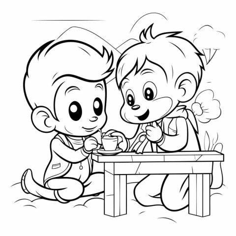 Boy and girl sitting at a table and drinking coffee - Coloring b