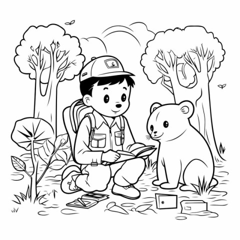 Boy scout with bear in the forest. Black and white vector illust