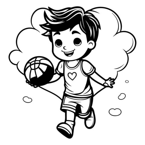 Illustration of a Cute Boy Playing Basketball - Coloring Book