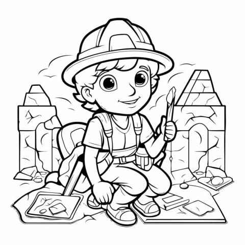 Black and White Cartoon Illustration of Kid Boy Builder Characte