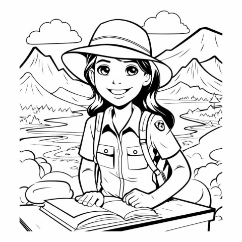 Black and White Cartoon Illustration of Girl scout or explorer R