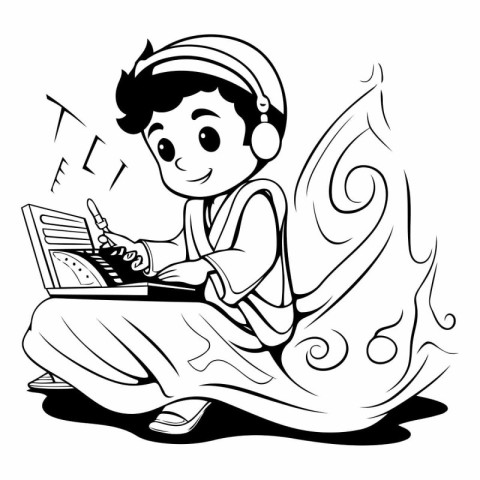 Illustration of a Kid Reading a Book - Black and White Cartoon S