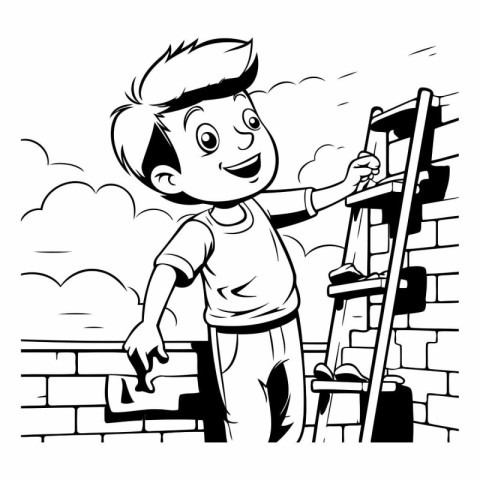 Cartoon illustration of a boy building a brick wall with a ladde