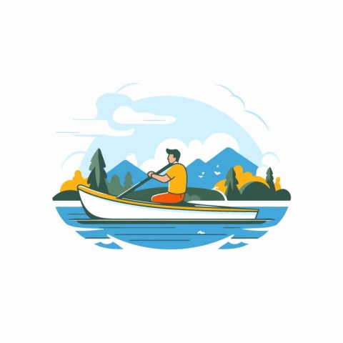 Man rowing a boat on the lake. Flat style vector illustration.