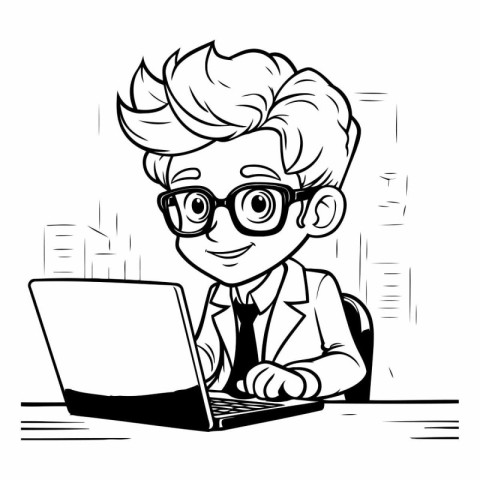 Black and White Cartoon Illustration of Businessman Using Laptop