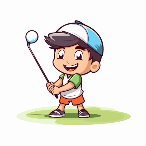 Cartoon golfer boy playing golf. Vector illustration isolated on