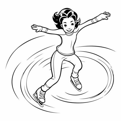 Ice Skating Girl. Black and White Cartoon Illustration Isolated