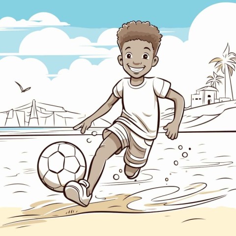 Cute boy playing soccer on the beach. Vector illustration in car