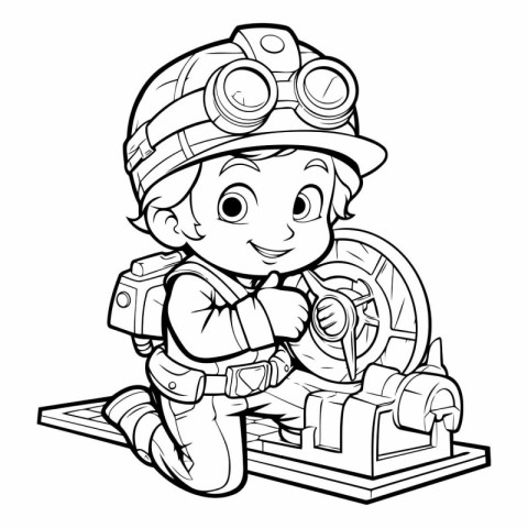 Black and White Cartoon Illustration of Cute Little Boy or Kid B