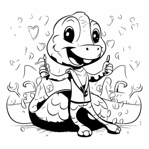 Black and White Cartoon Illustration of Cute Dinosaur Fantasy Ch