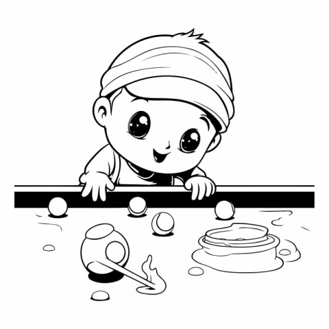 Cartoon boy playing table tennis. Black and white vector illustr