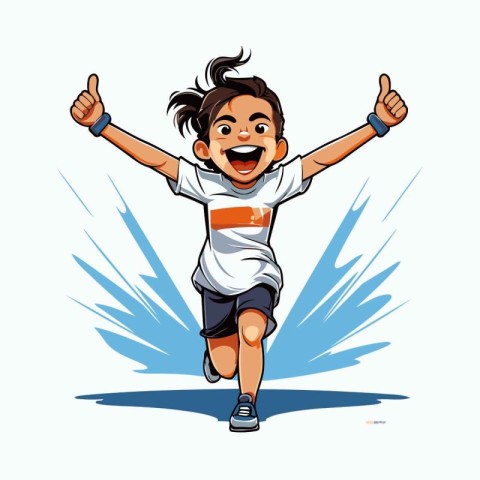 Cheerful boy running and showing thumbs up. Vector illustration.