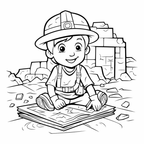 Black and White Cartoon Illustration of Kid Boy Archaeologist or