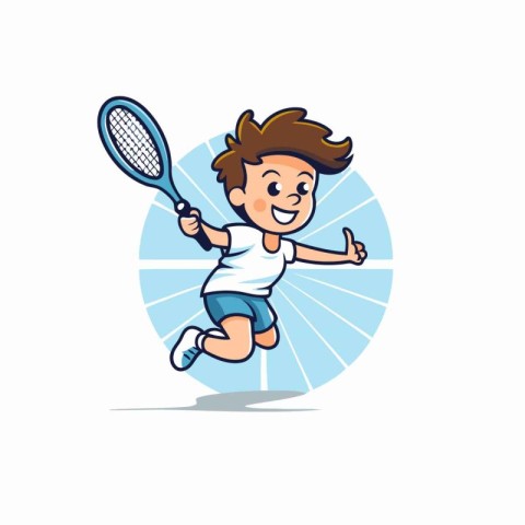 Tennis player cartoon character with racket and ball. Vector ill