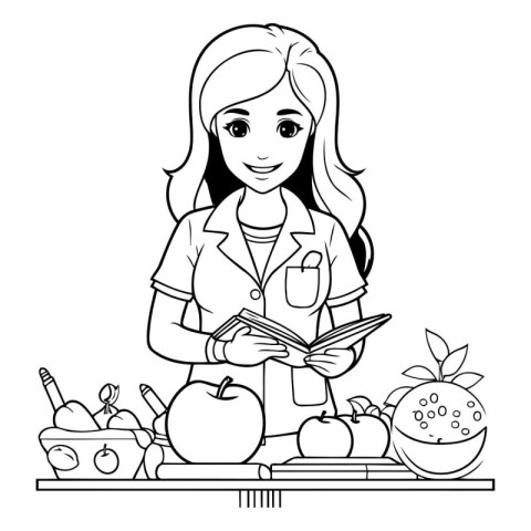 Girl doctor with apple and book. Vector illustration in black an