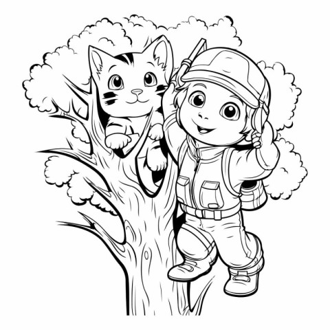 Black and White Cartoon Illustration of Cute Little Boy and Girl