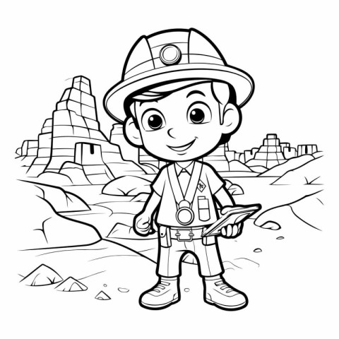 Black and White Cartoon Illustration of Kid Boy Scout or Explore