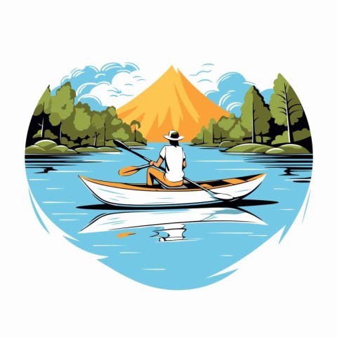 Fisherman in a boat on the lake. Vector illustration.