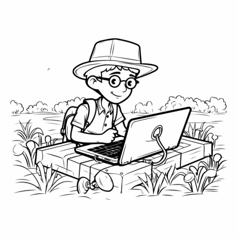 Black and White Cartoon Illustration of Kid with Laptop or Compu