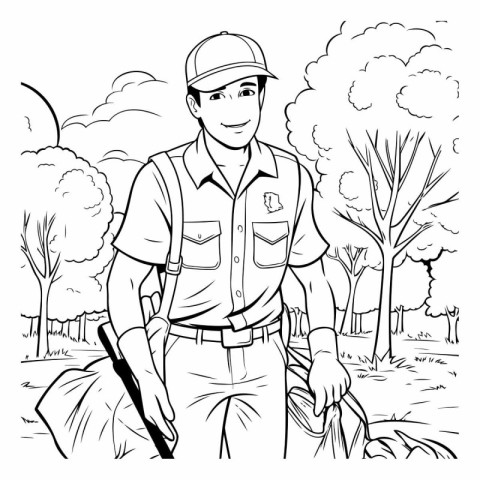 Black and white vector illustration of a man working in the fiel