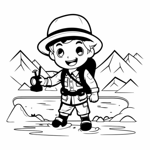 Illustration of a Kid Boy Hiking in the Mountains - Coloring Boo