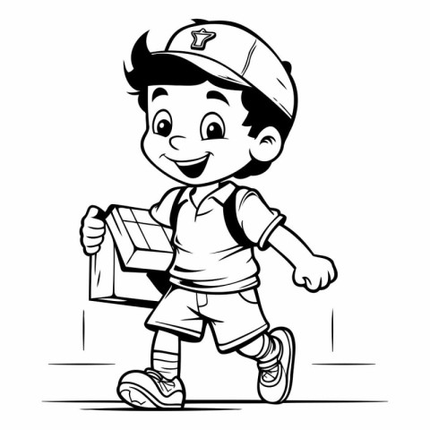 Black and White Cartoon Illustration of Little Boy Carrying a Ca