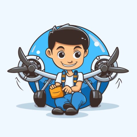 Cute little boy sitting with drone. Vector cartoon character ill