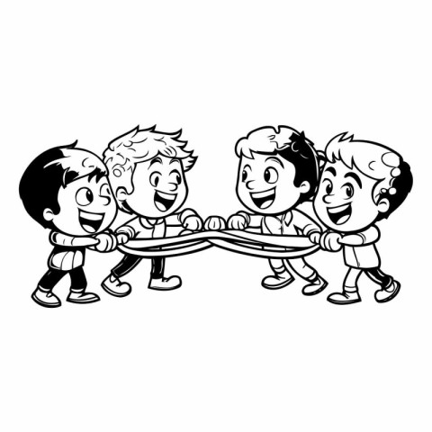 Cartoon kids playing tug-of-war. Vector illustration.