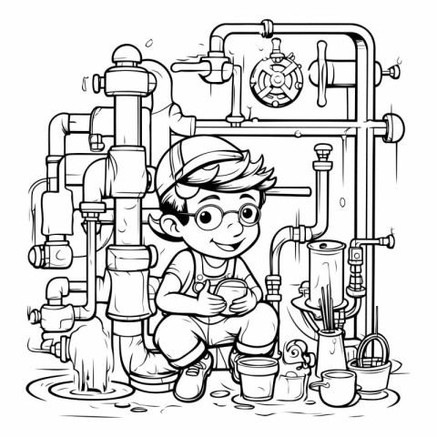 Black and White Cartoon Illustration of Kid Boy Plumber Repairin