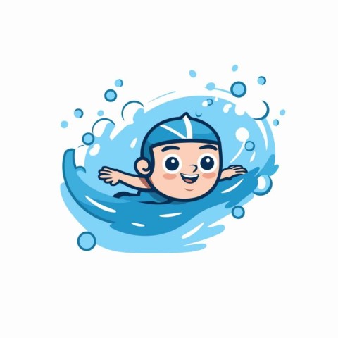Cute cartoon little boy swimming in the pool. Vector illustratio