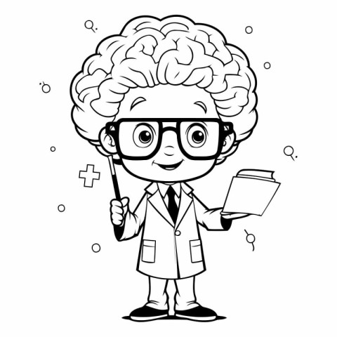 Black and White Cartoon Illustration of Kid Scientist Character