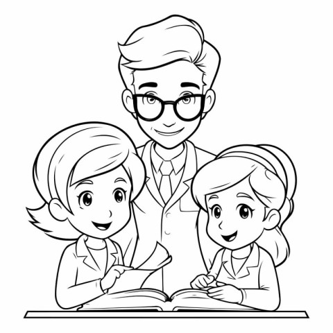 Teacher and students coloring book. Black and white vector illus