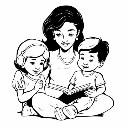 Mother reading a book with her children. Black and white vector