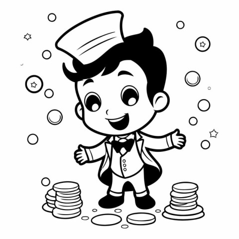 Cartoon illustration of a boy dressed as a sailor with coins.