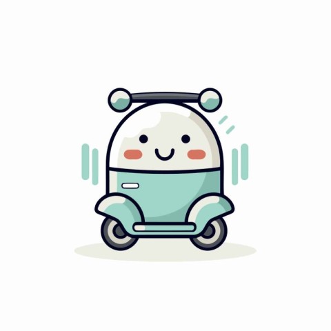 Cute funny robot character on a scooter. Vector illustration.