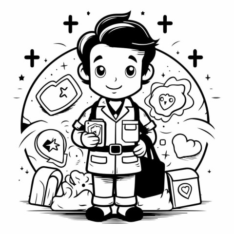 Black and White Cartoon Illustration of Boy Scout Character for